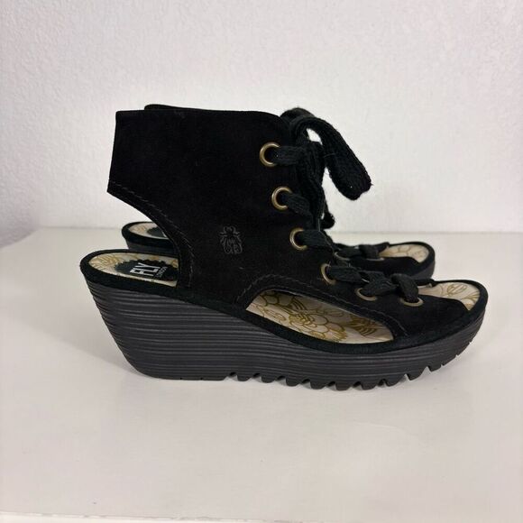 Fly London Black Suede Cutout Side & Open Toe Wedge Sandals Size 10-10.5 - Picture 6 of 12